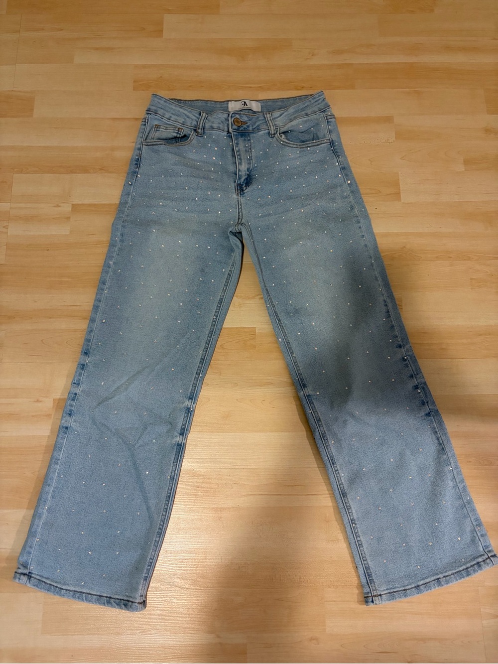 Light Blue Wide-Leg Jeans with rhinestone details. Size 9